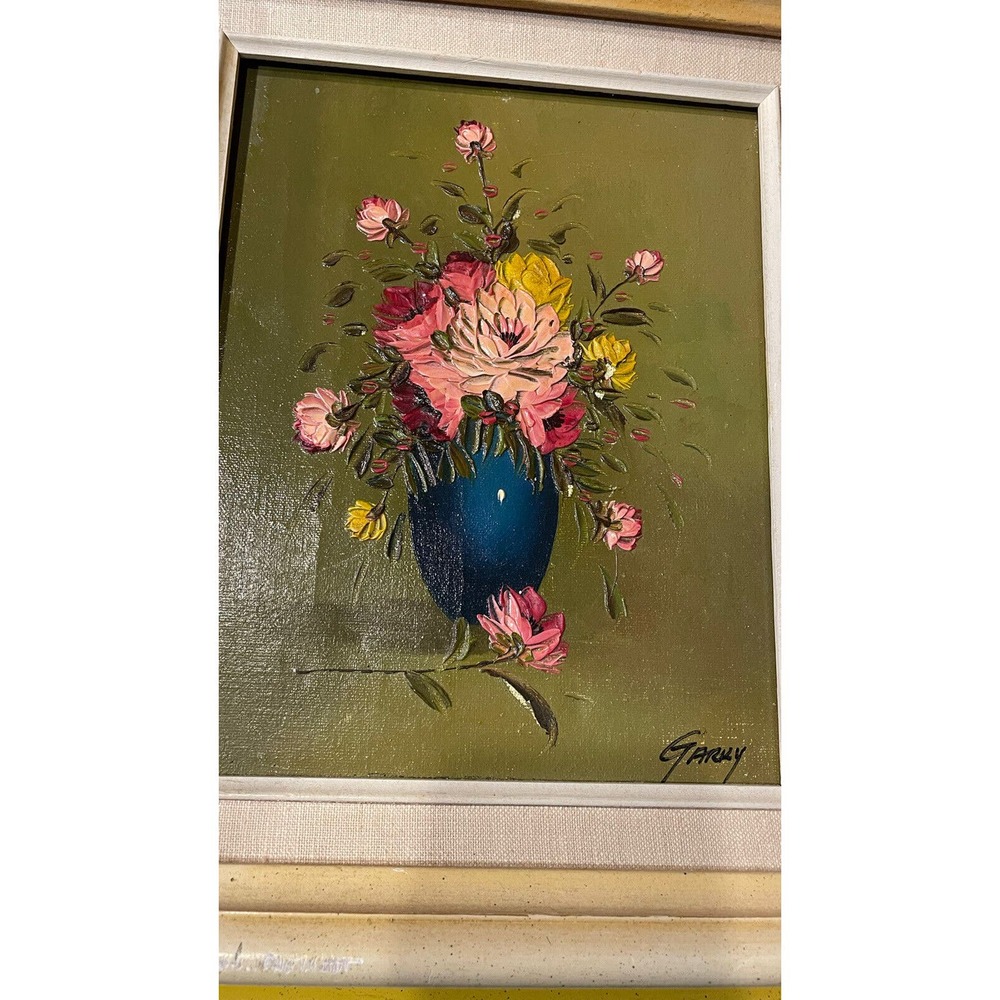 Vintage Framed Oil Painting On Canvas Yellow Pink Flowers In Vase Signed Garry
